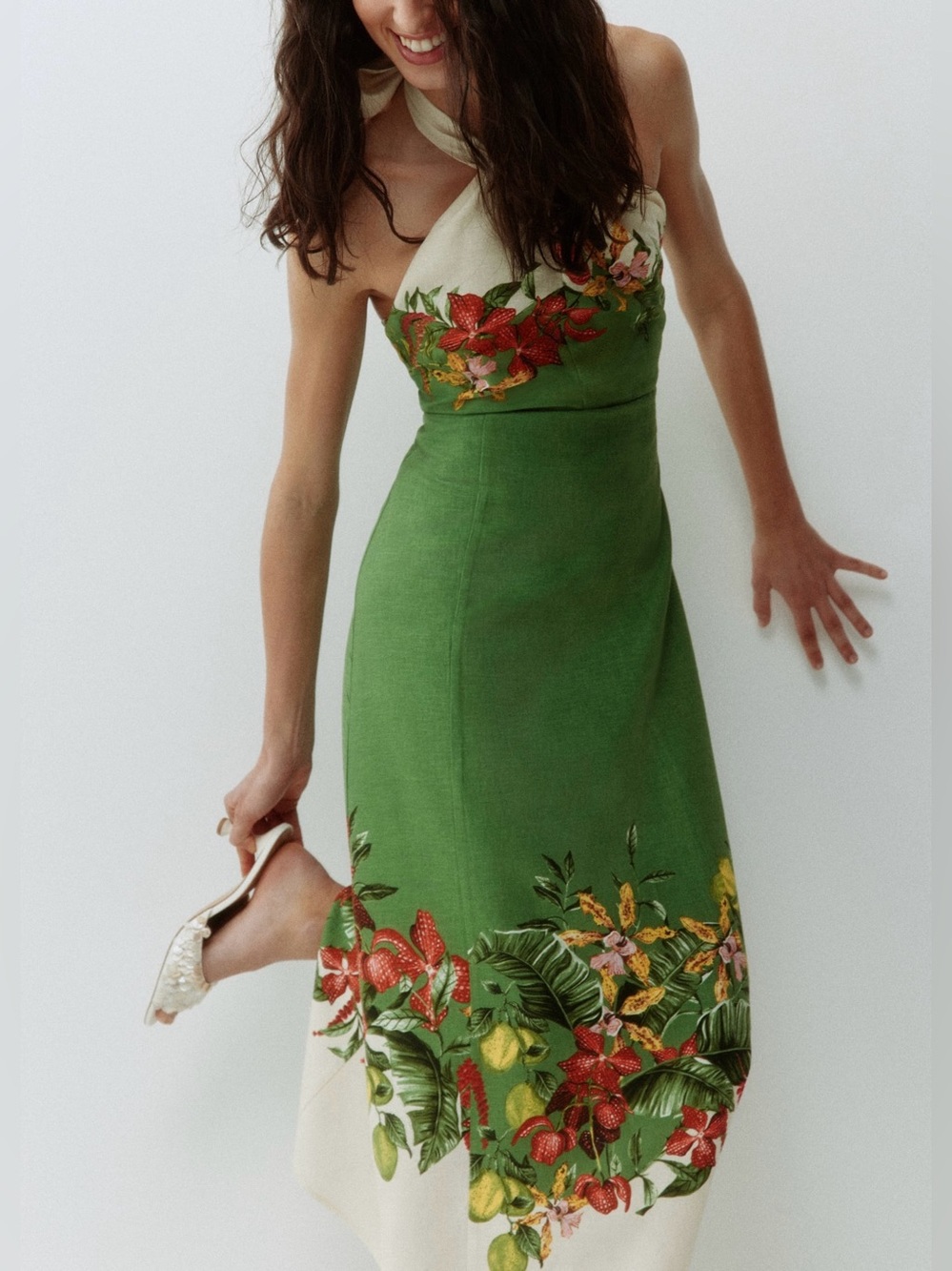 H&M Linen Blend Tropical Halter Midi Dress Green White Floral Vacation L - Picture 3 of 12